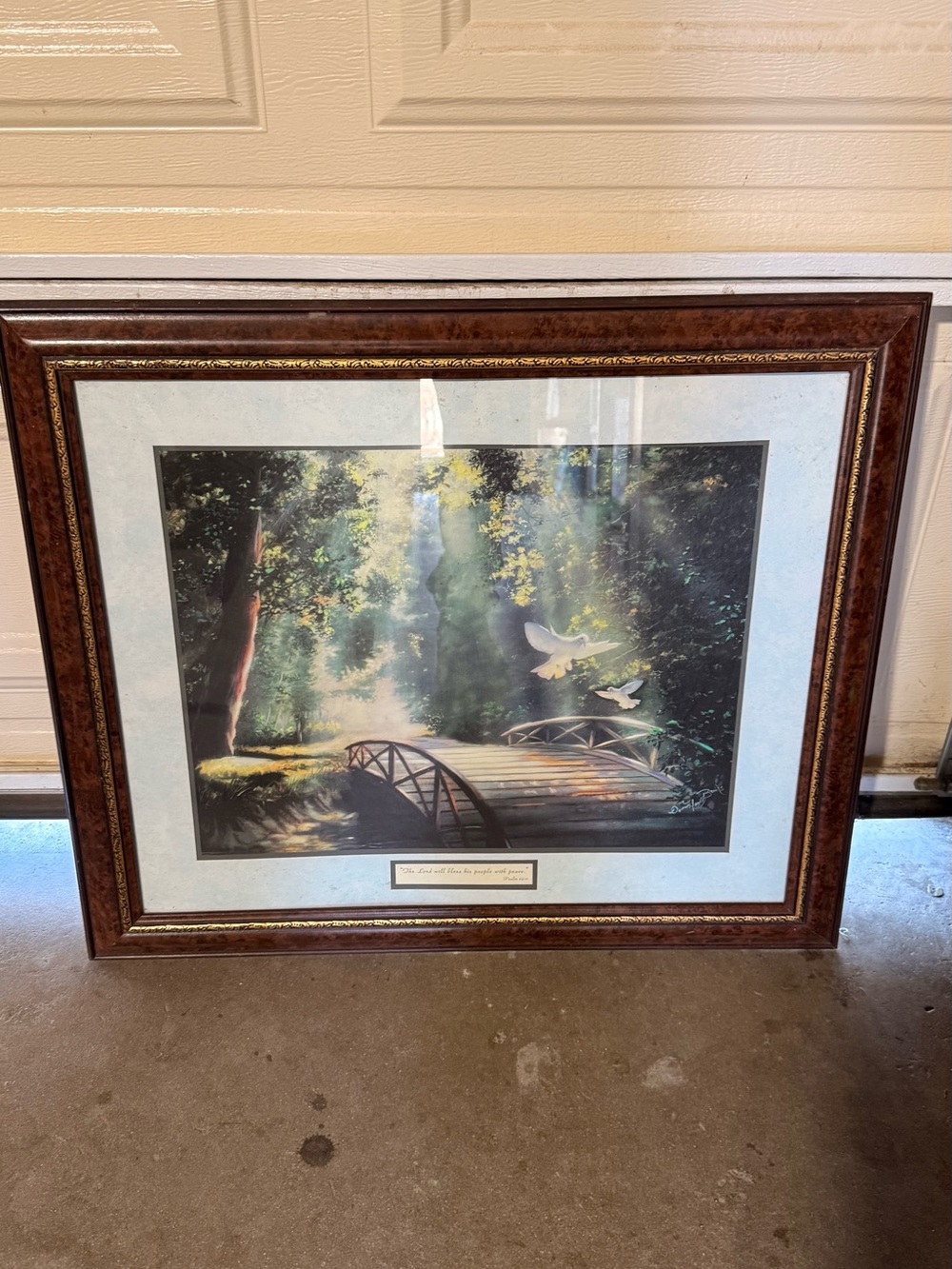 Sunlit Woodland Bridge Framed Art Print - Brown Frame